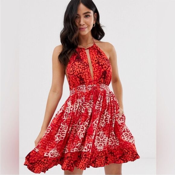 Free People Beach Day Halterneck Floral Print Mini Boho Dress XS pockets red hot - Picture 1 of 12